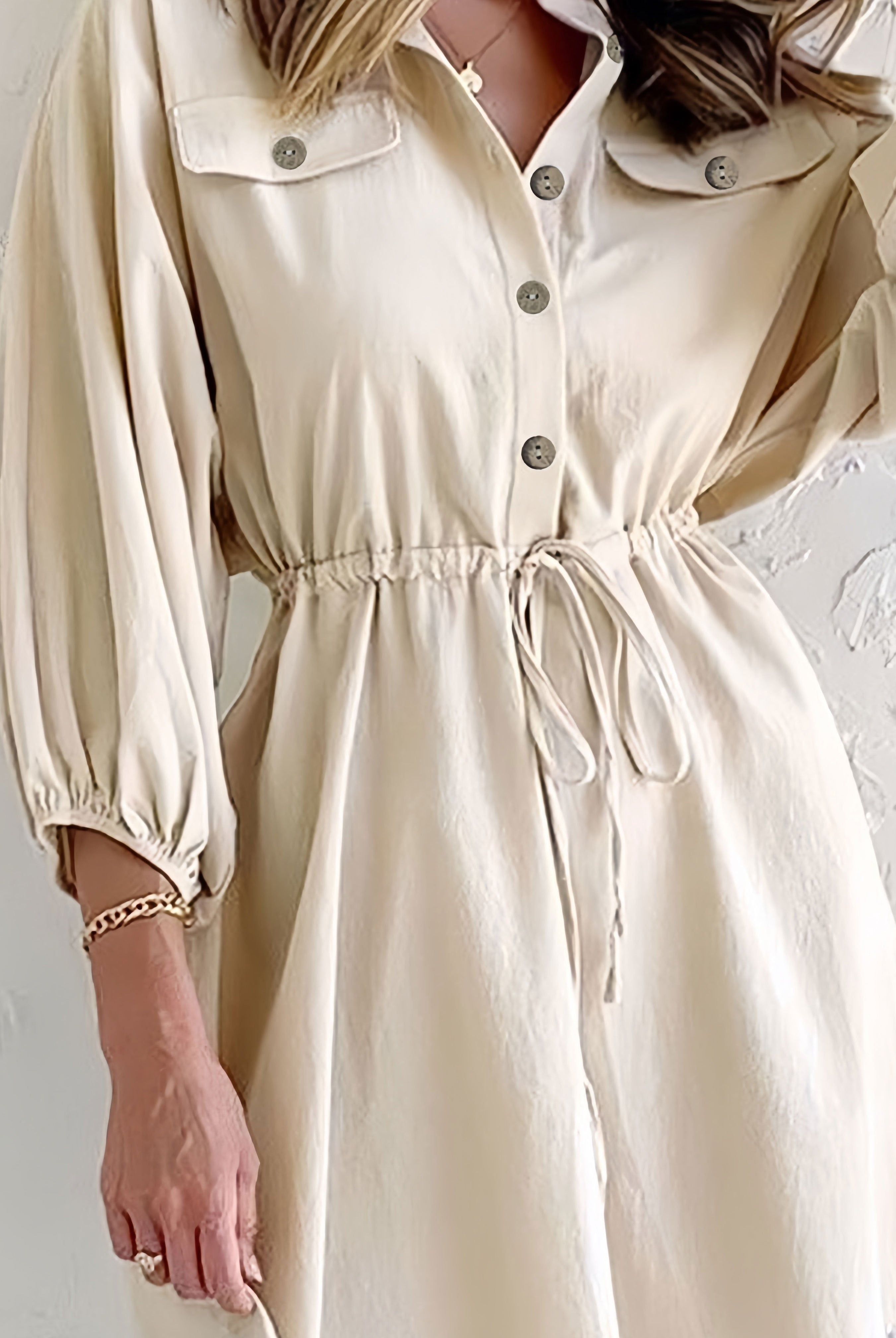 Beige and white Lyra button-down collared shirtdress by Lumina Vancouver in size 2XL, styled as a mini dress.