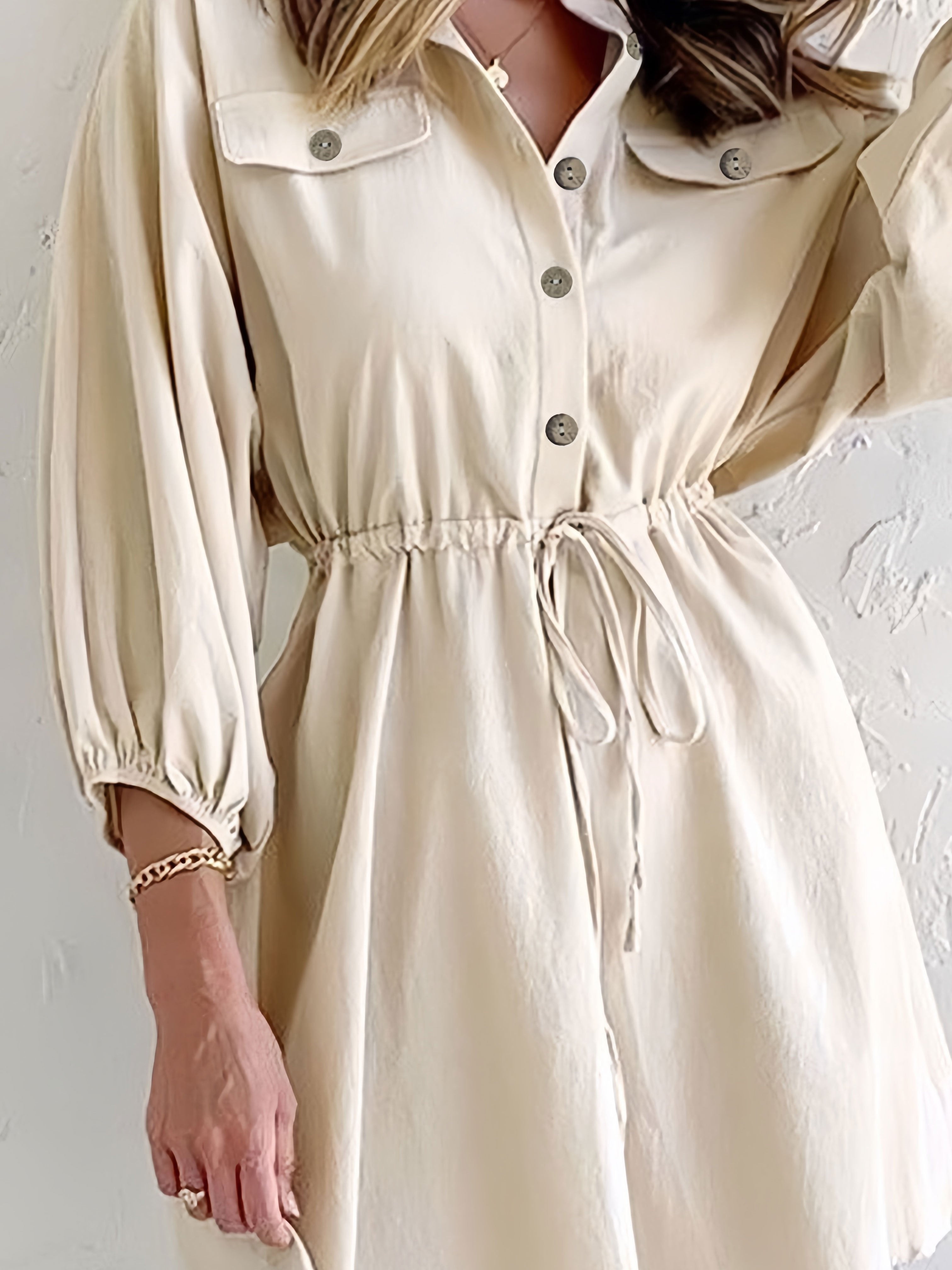 Beige and white Lyra button-down collared shirtdress by Lumina Vancouver in size 2XL, styled as a mini dress.