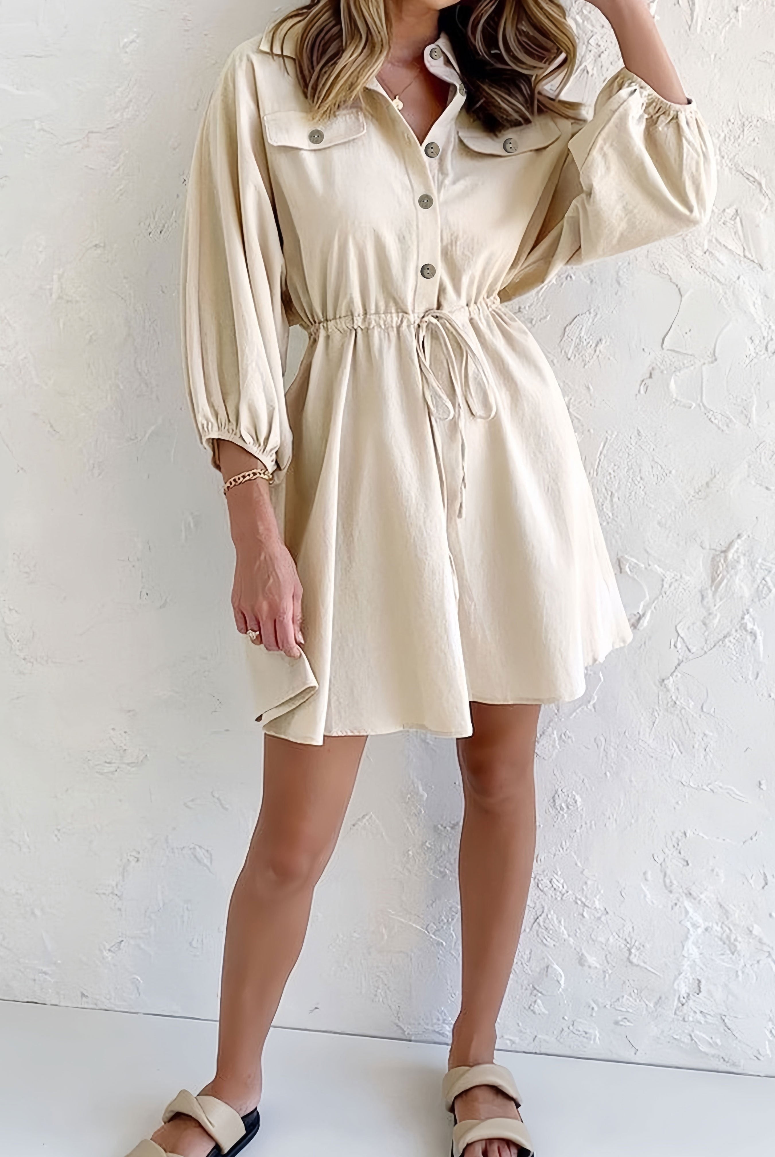 Beige and white Lyra button-down collared shirtdress by Lumina Vancouver, shown in a 2XL size, styled as a mini dress.