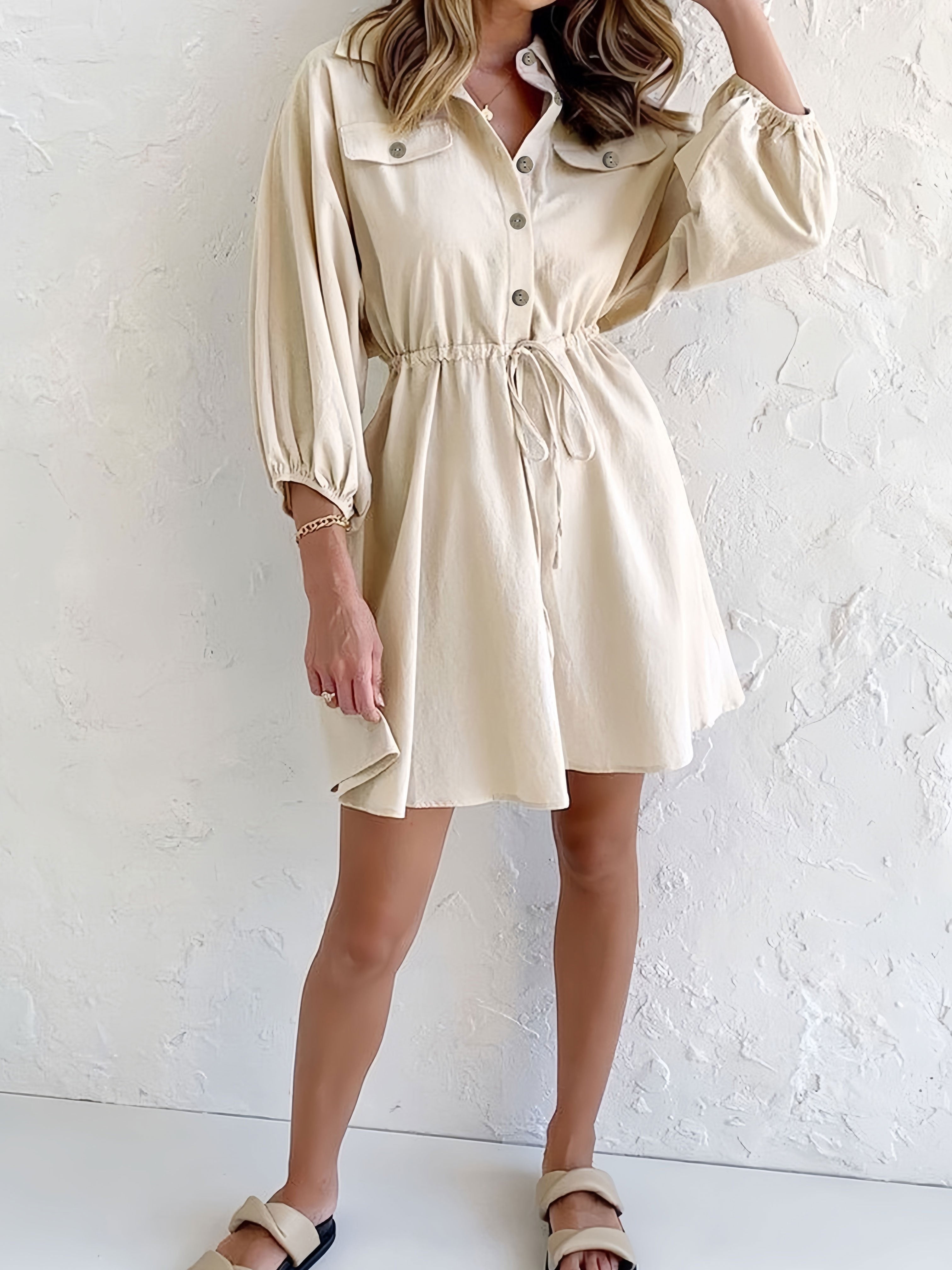 Beige and white Lyra button-down collared shirtdress by Lumina Vancouver, shown in a 2XL size, styled as a mini dress.