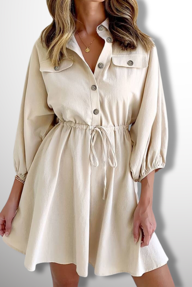 Beige and white Lyra shirtdress by Lumina Vancouver featuring a button-down front and collared neckline, in mini length.