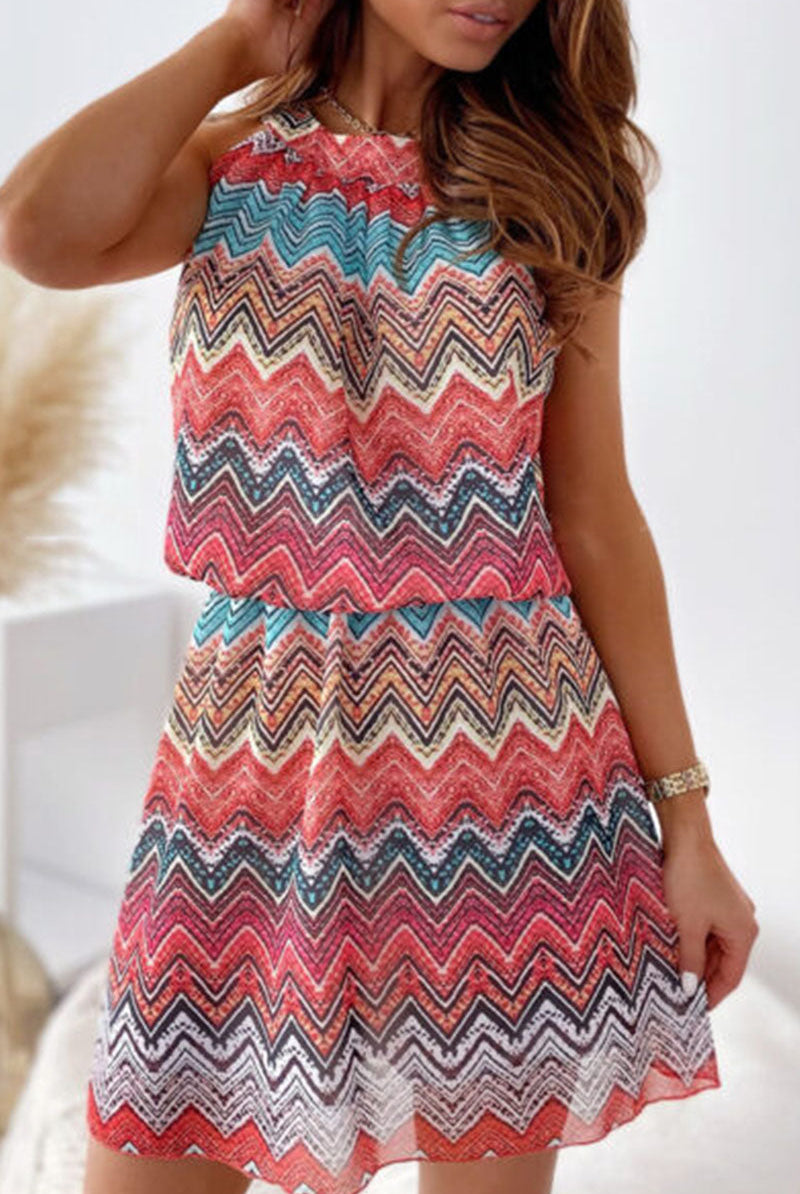 Pink Lumina Vancouver Lyra sleeveless mini dress with a chevron pattern, fitted style, and scoop neckline.
