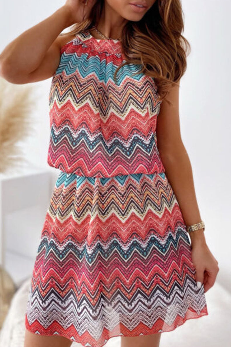 Pink Lumina Vancouver Lyra sleeveless mini dress with a chevron pattern, fitted style, and scoop neckline.