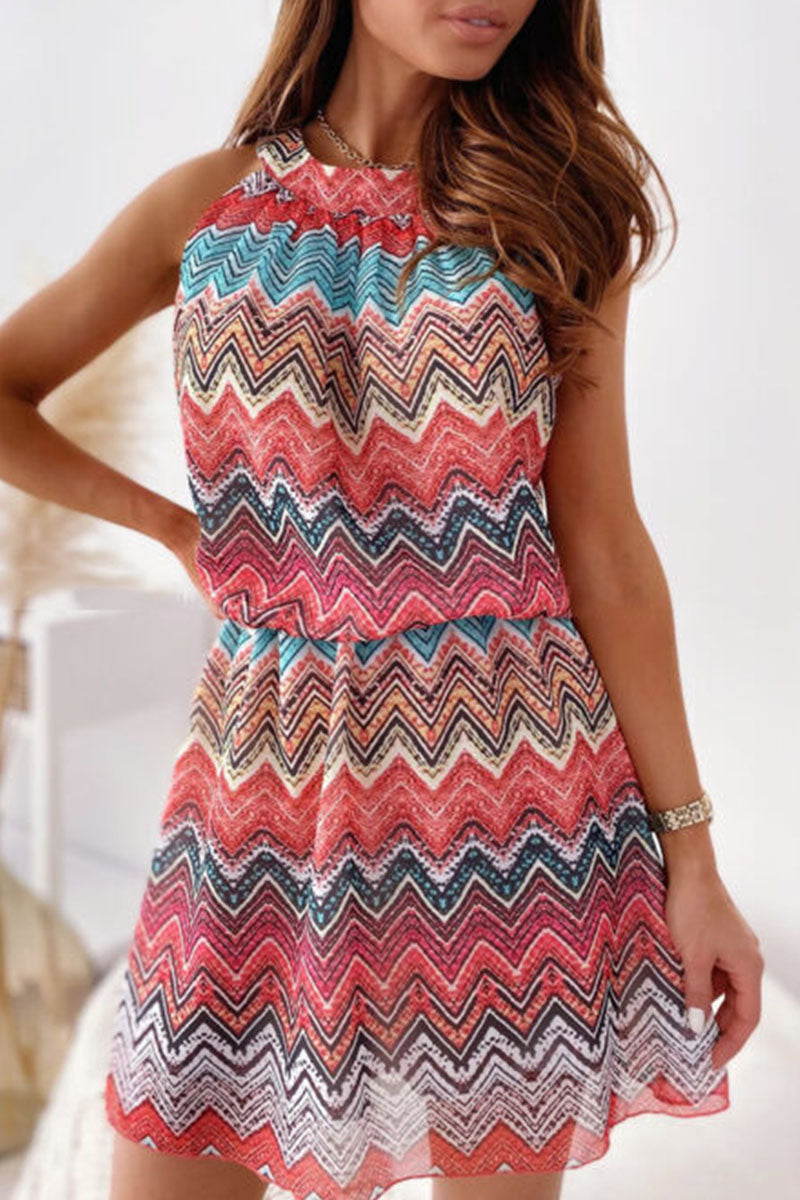 Pink Lyra sleeveless mini dress with chevron pattern from Lumina Vancouver, showcasing a fitted design and vibrant style.