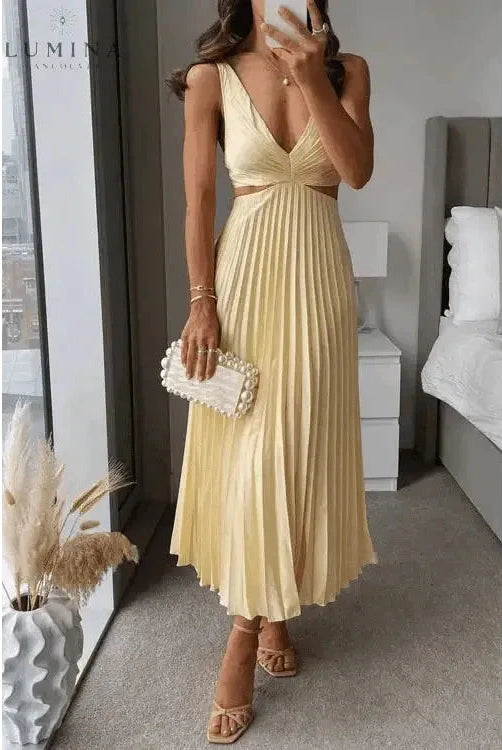 Lumina Wear Madeleine elegant yellow maxi evening dress, flowy fabric, perfect for wedding guests, size 8-10, Vancouver style