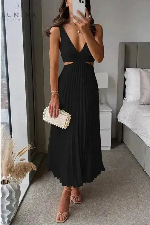 Yellow Madeleine elegant maxi dress by Lumina Wear, perfect evening dress for wedding guests with flowing fabric and stylish design.