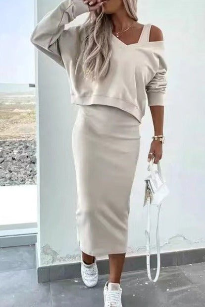 Beige Madison off-shoulder top with fitted midi skirt from Lumina Wear, casual dress ensemble, styled for elegant everyday wear.