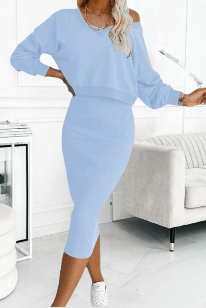 Beige Madison off-shoulder top paired with fitted midi skirt from Lumina Wear, casual dress perfect for stylish everyday wear.