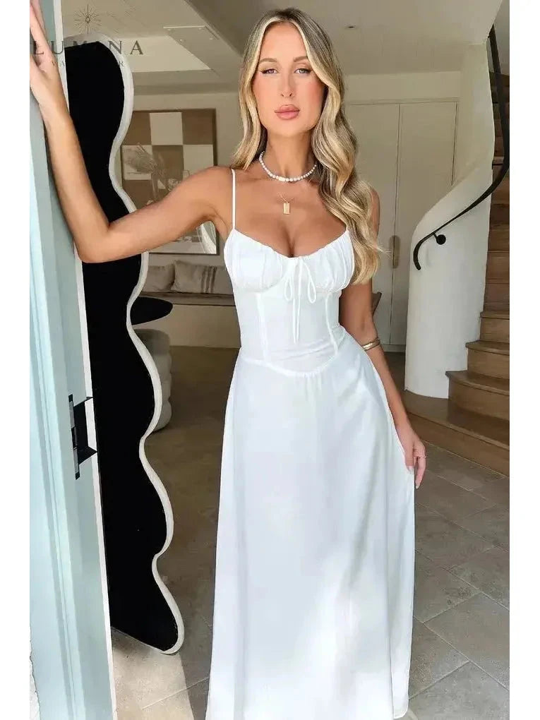 Yellow Maelys lace-up sleeveless maxi dress by Lumina Vancouver, perfect for wedding guests, shown in size 8-10.