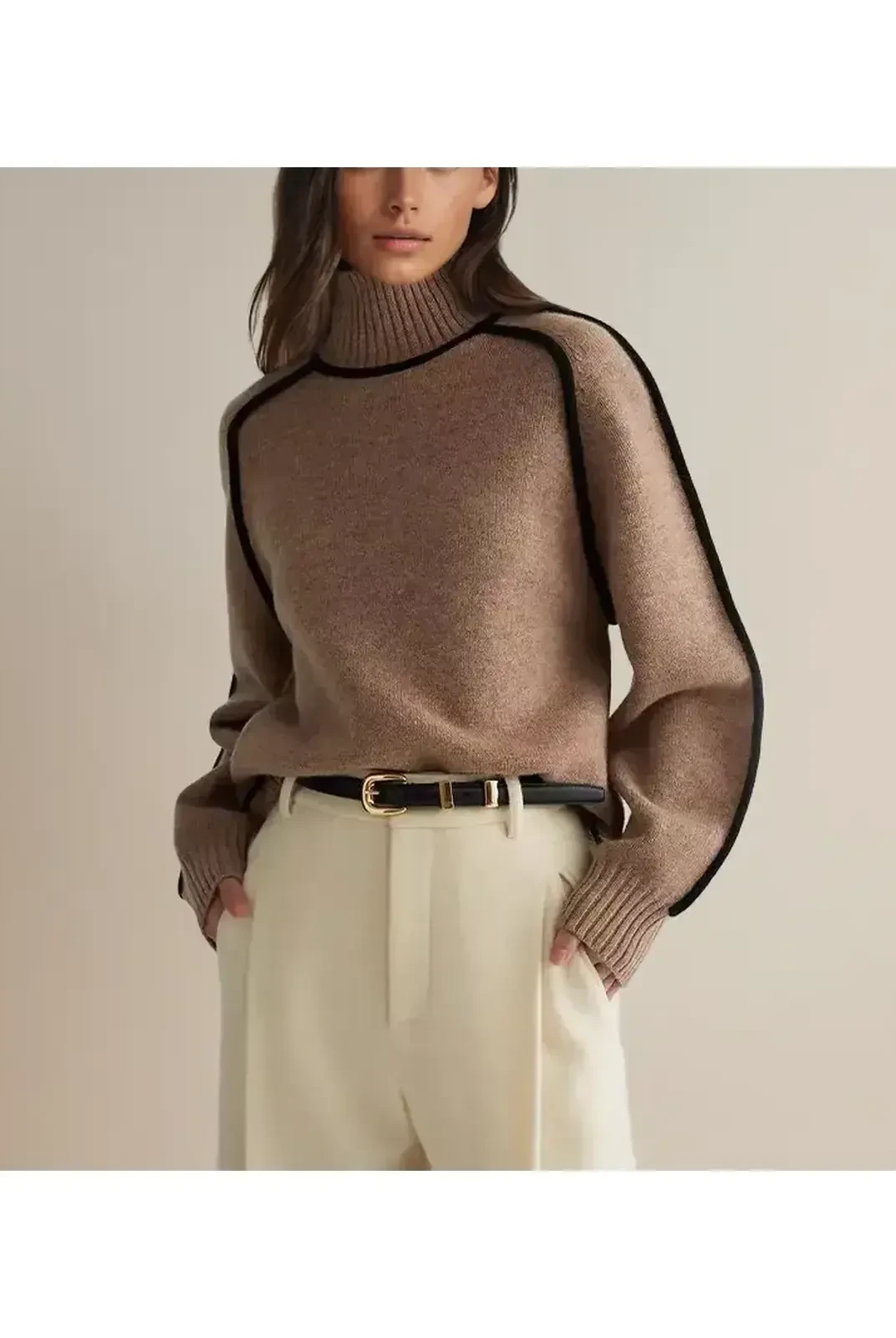 Brown Maeve Luxurious Turtleneck Sweater by Lumina Wear, close-up of soft knit fabric and stylish turtleneck design.