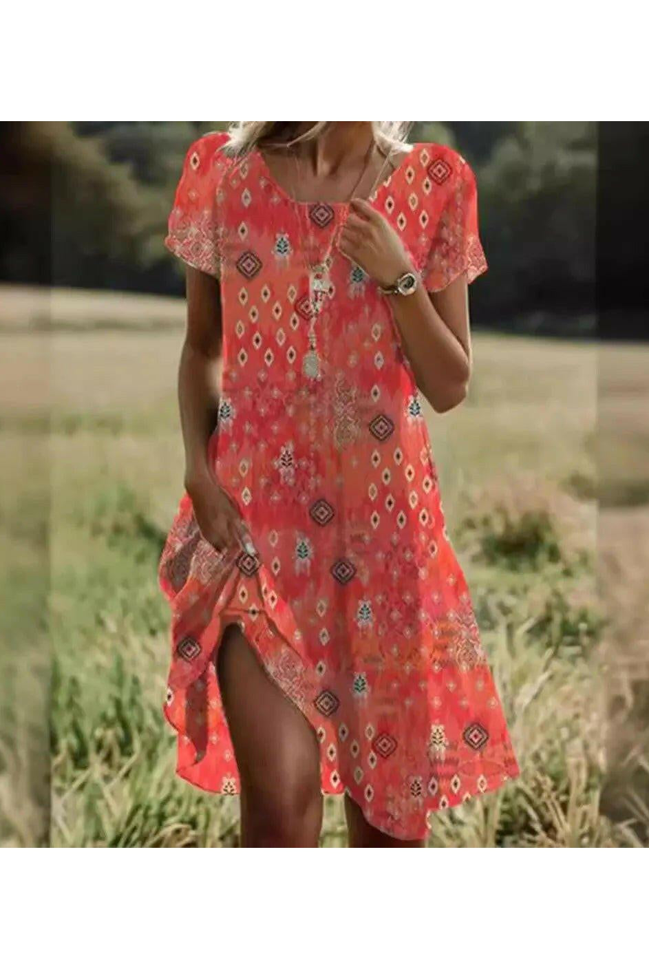 Red Maeve bohemian dress by Lumina Vancouver featuring flowy fabric and relaxed fit, perfect for a casual, stylish look.