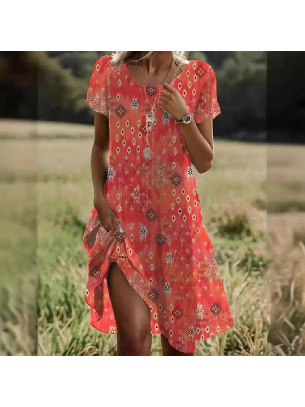 Red Maeve bohemian dress by Lumina Vancouver featuring flowy fabric and relaxed fit, perfect for a casual, stylish look.