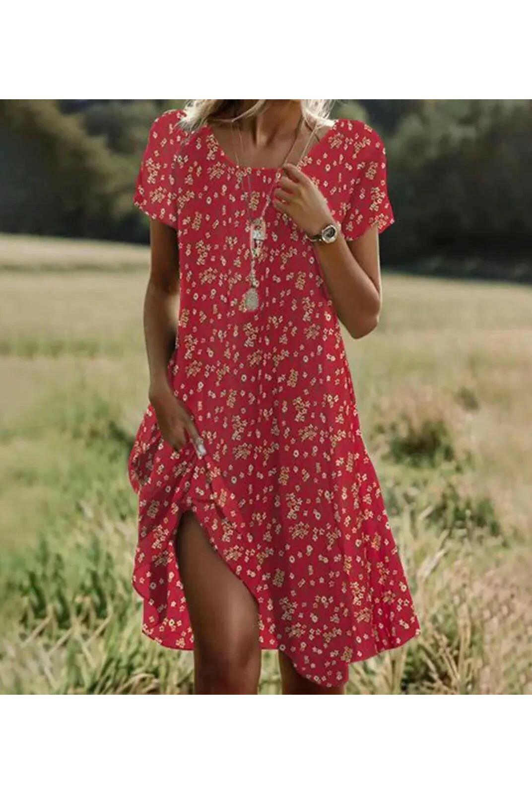 Red Maeve bohemian vibe dress by Lumina Vancouver, featuring flowing fabric and relaxed style perfect for casual wear.