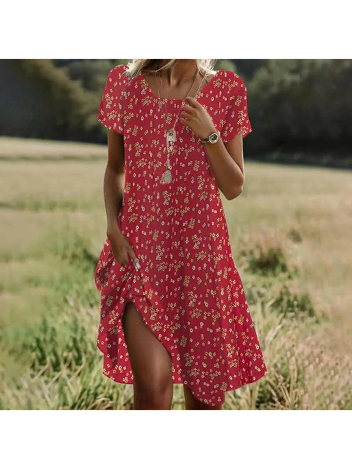 Red Maeve bohemian vibe dress by Lumina Vancouver, featuring flowing fabric and relaxed style perfect for casual wear.