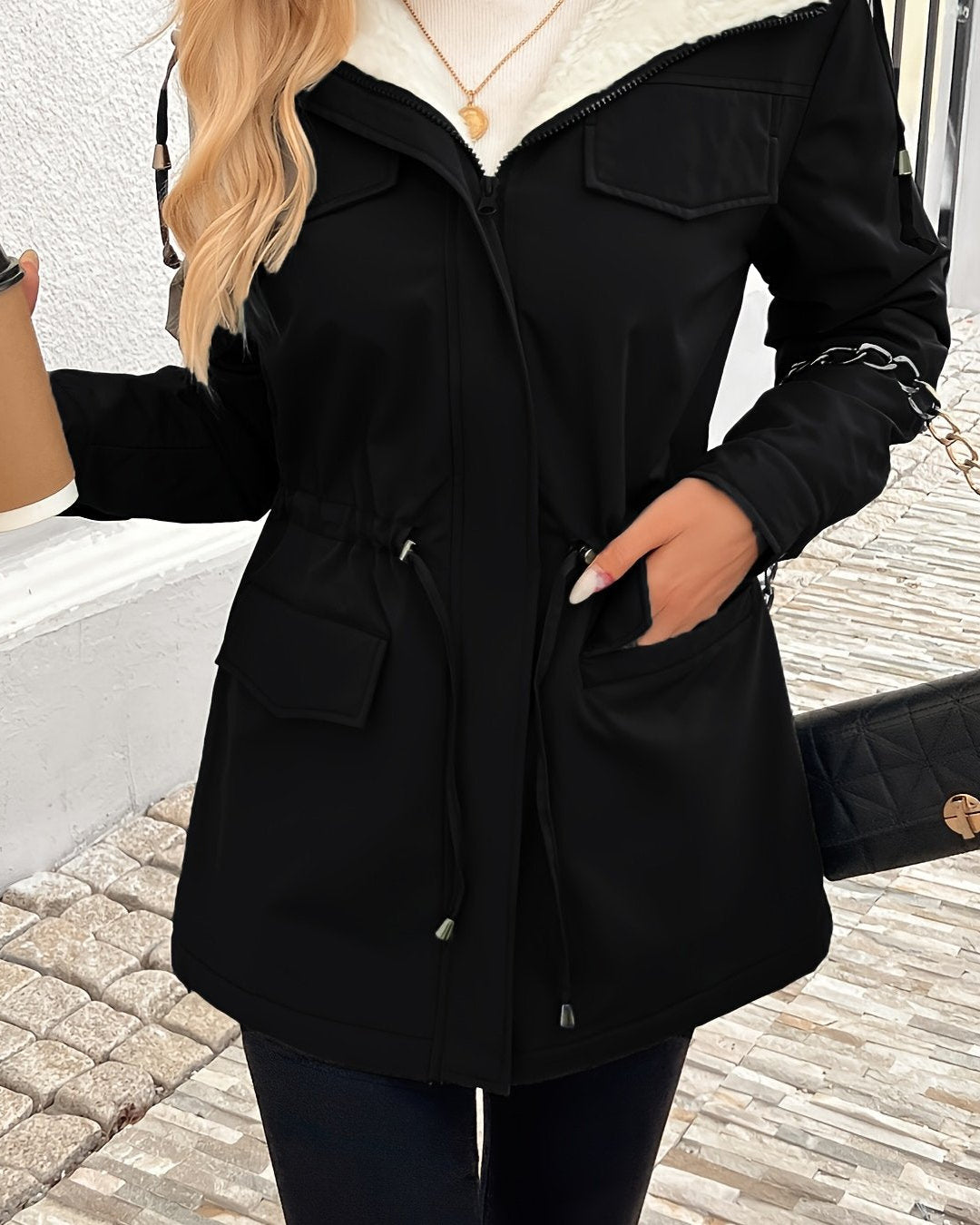 Maisie Sherpa-lined parka jacket by Lumina Wear, black coat with adjustable fit and cozy interior, suitable for cold weather.