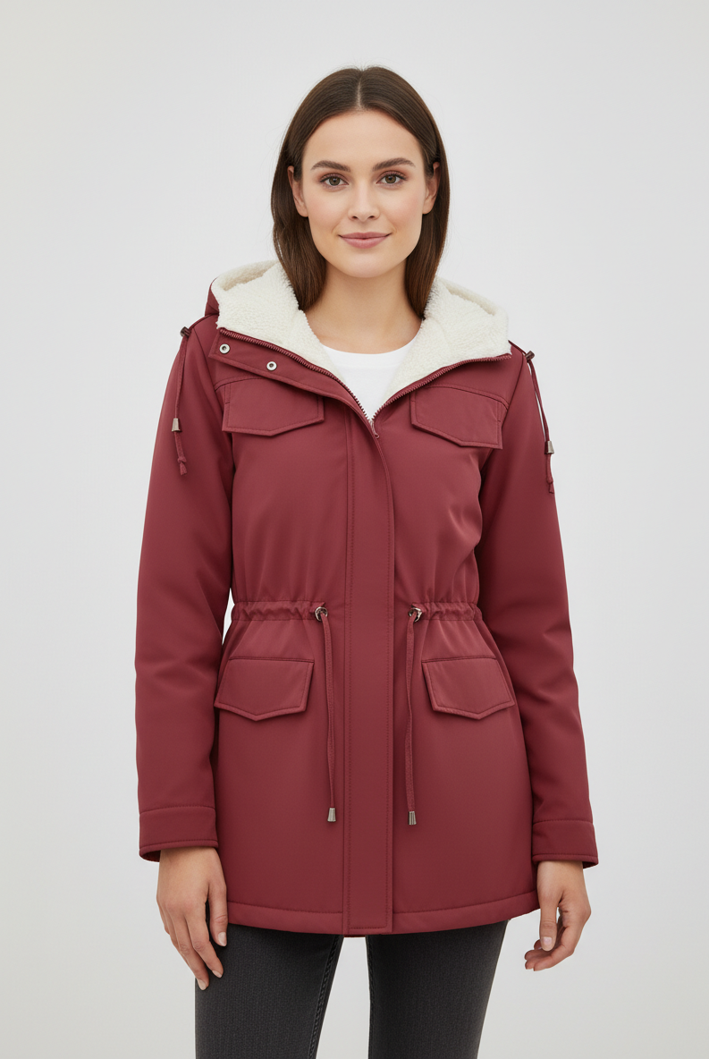 Maisie cozy sherpa-lined parka jacket with adjustable fit by Lumina Wear, black, featuring a warm, comfortable design for cold weather.
