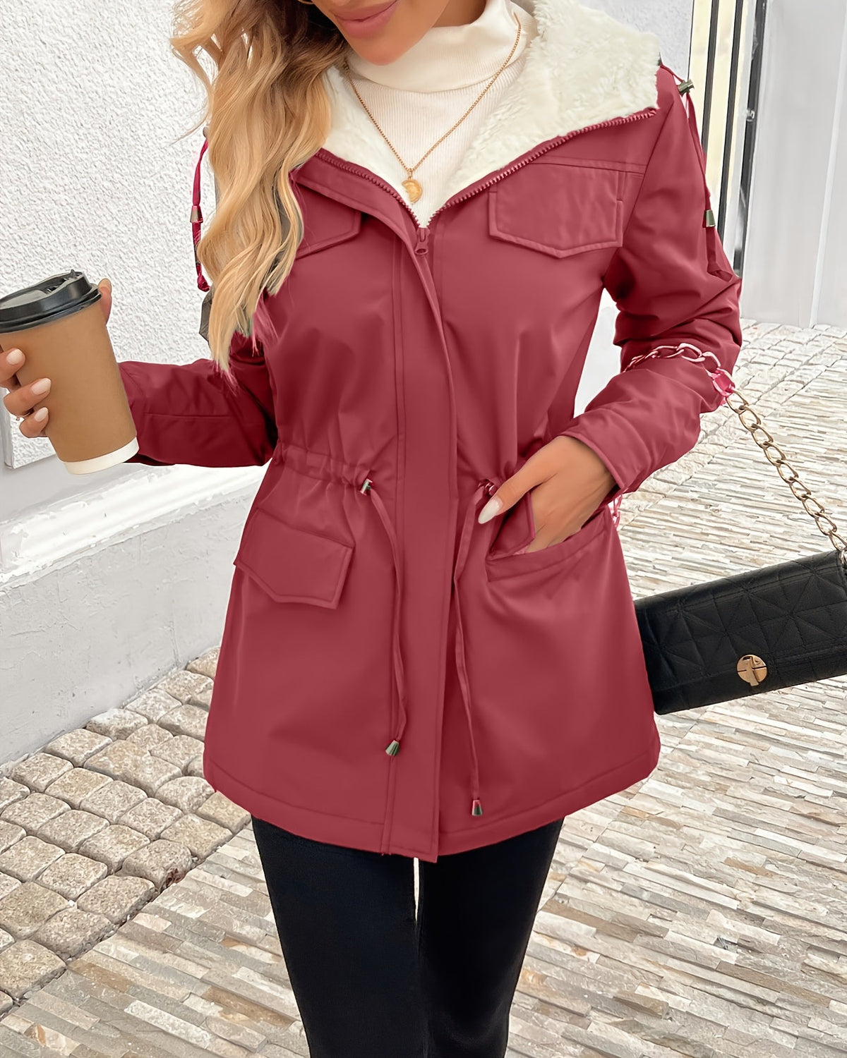 Black Lumina Wear Maisie cozy sherpa-lined parka jacket with adjustable fit, shown on a hanger.