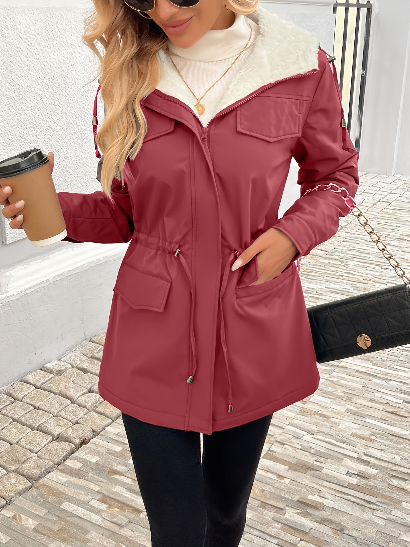Maisie cozy Sherpa-lined parka jacket by Lumina Wear in black, featuring adjustable fit and warm, plush interior.