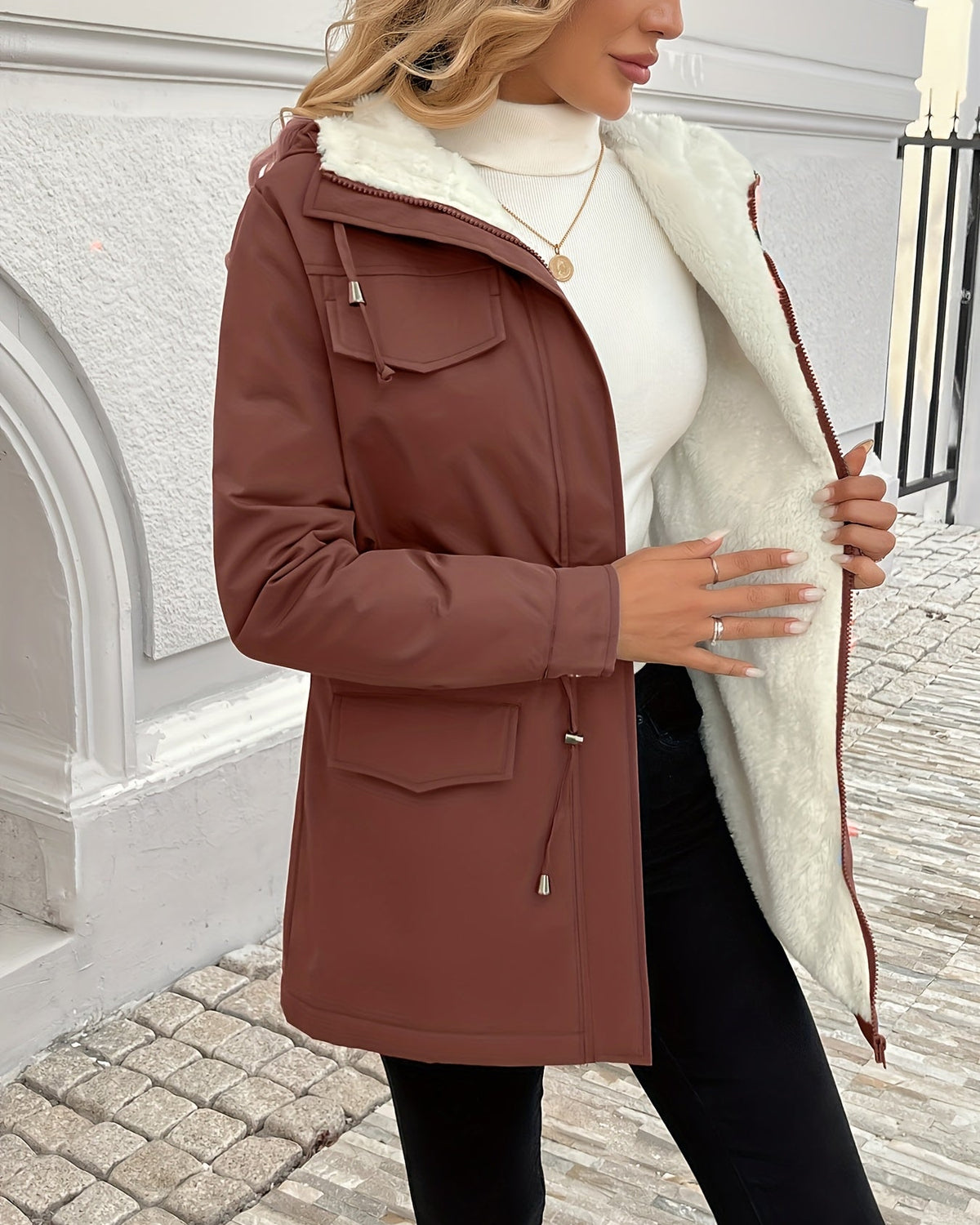 Maisie cozy Sherpa-lined parka jacket by Lumina Wear, black, with adjustable fit, warm coat for cold weather.