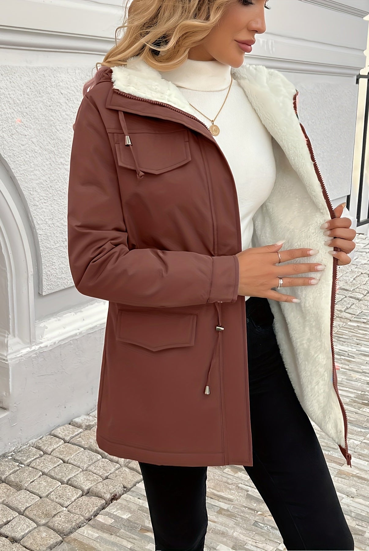 Black Maisie Sherpa-lined parka jacket by Lumina Wear with adjustable fit, cozy interior, and stylish winter outerwear.