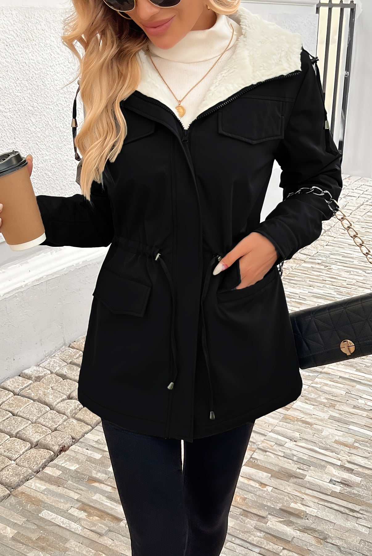 Maisie Lumina Wear cozy sherpa-lined parka jacket with adjustable fit, black color, suitable for cold weather.