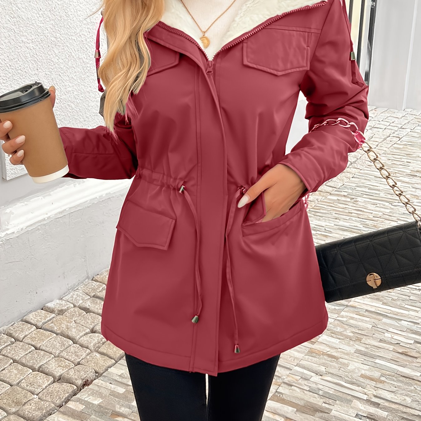 Maisie cozy sherpa-lined parka jacket by Lumina Wear, black with adjustable fit and warm interior, suitable for cold weather.