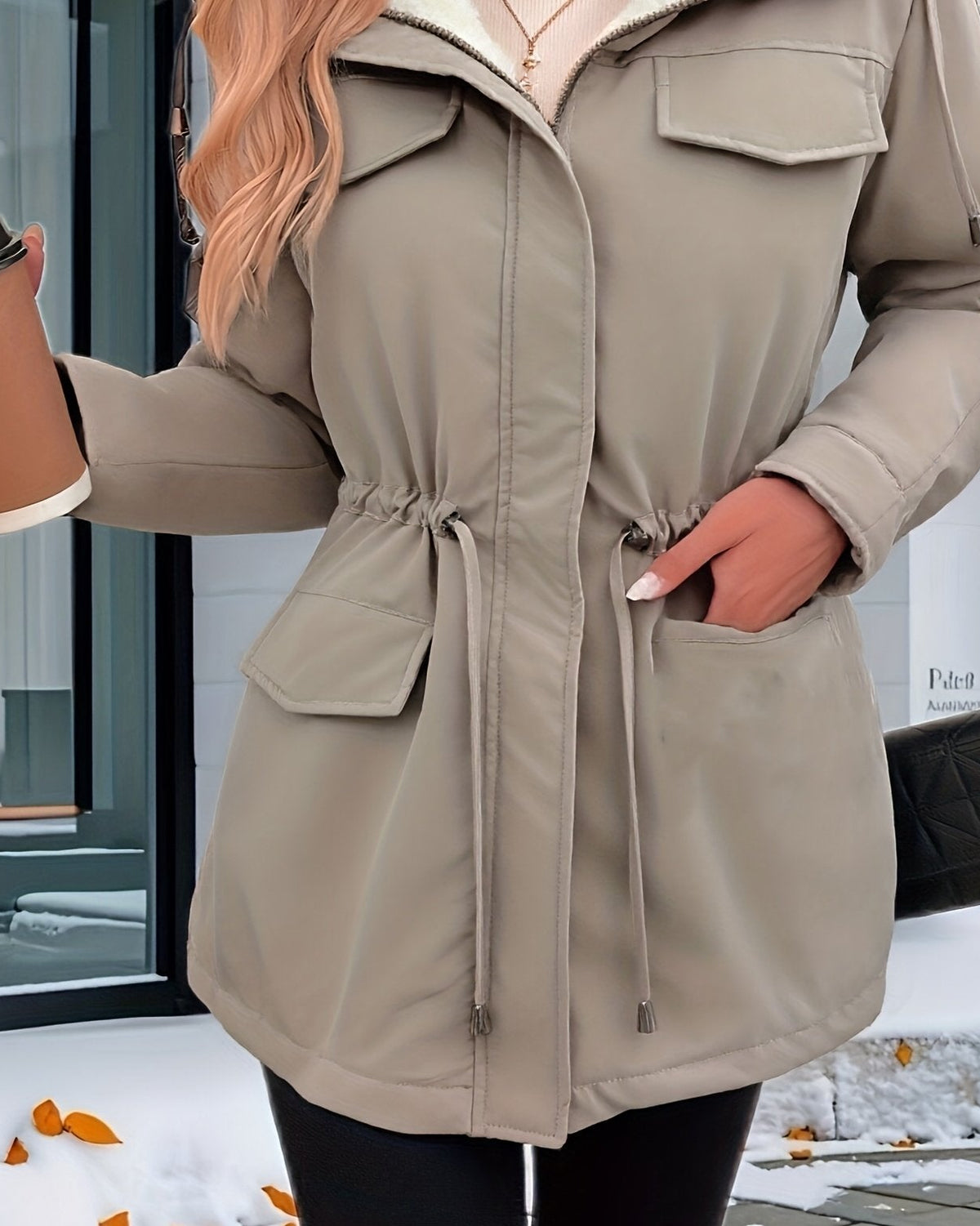 Black Sherpa-lined parkas coat with adjustable fit from Lumina Wear, featuring a cozy, warm interior and stylish design.