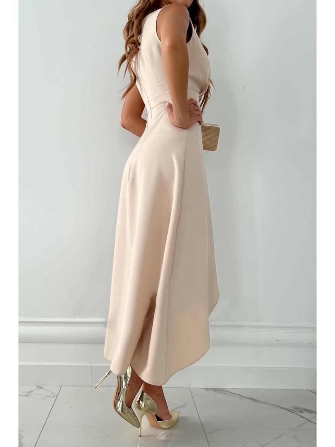 Beige Mandy Chic Wrap V-Neck Midi Dress by Lumina Vancouver, featuring a stylish wrap design and elegant V-neck.