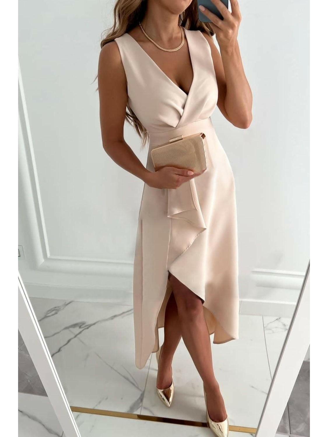 Beige Mandy Chic Wrap V-Neck Midi Dress by Lumina Vancouver, featuring a stylish silhouette and elegant design.