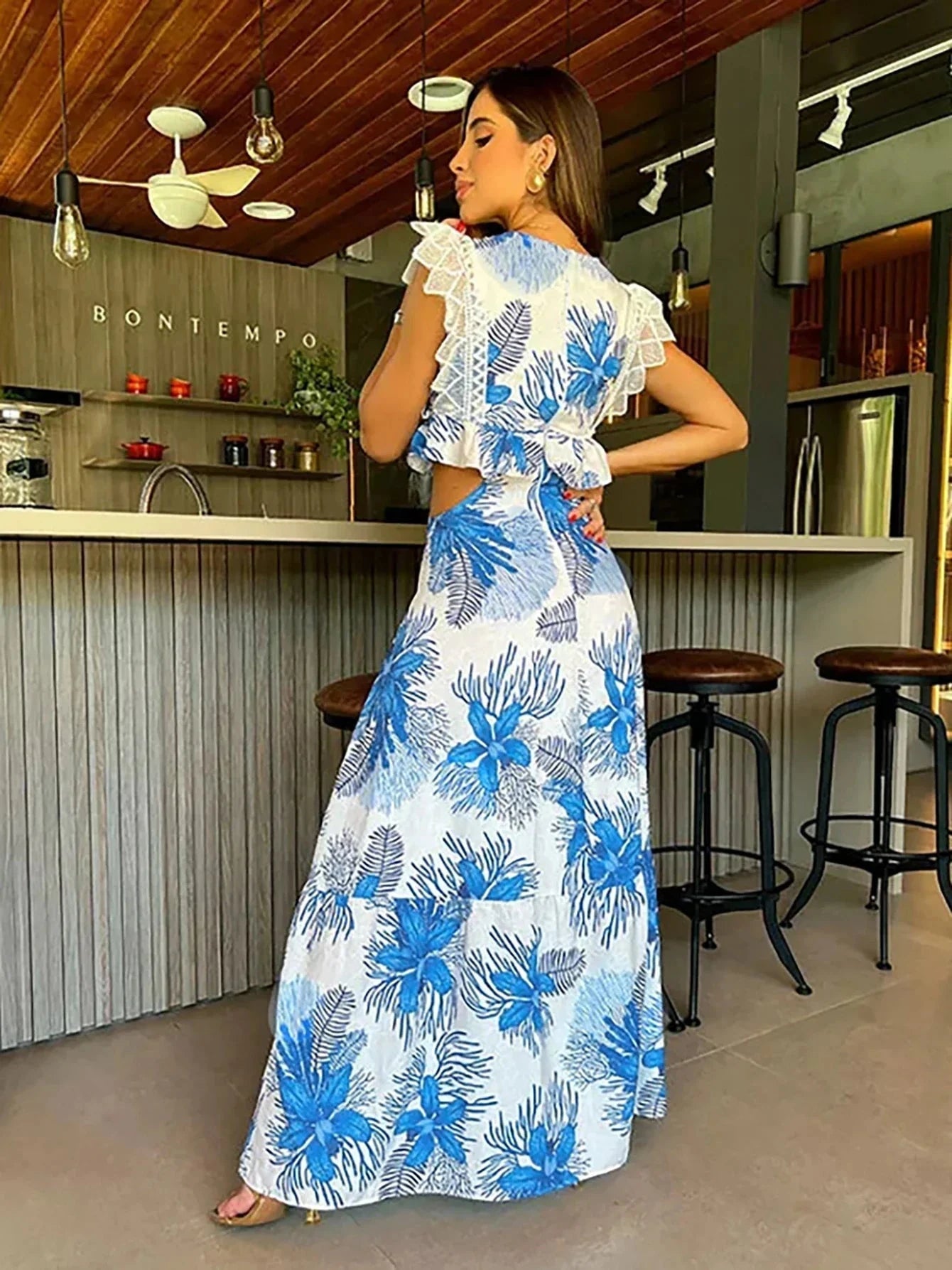 Blue Margie sleeveless lace maxi dress by Lumina Vancouver, elegant and trendy for summer occasions.