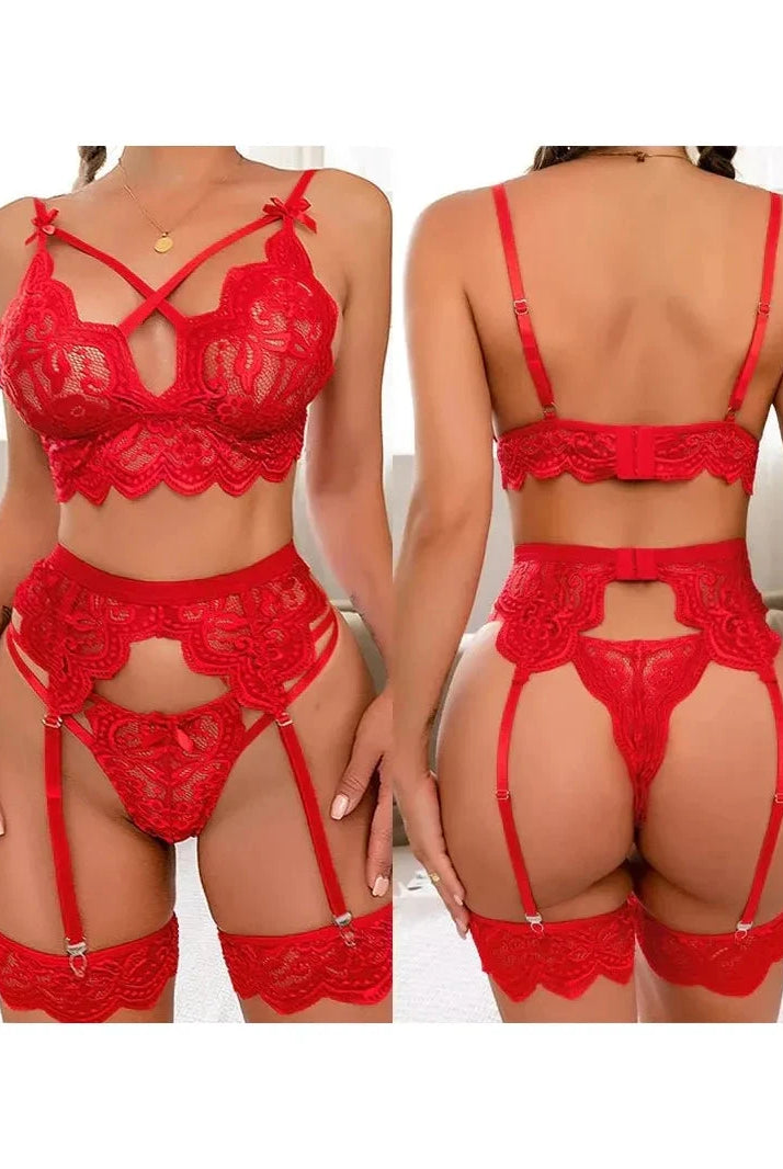 Red Mariana 3-piece French lingerie set by Lumina Wear featuring lace bras and matching panties, elegant and feminine design.