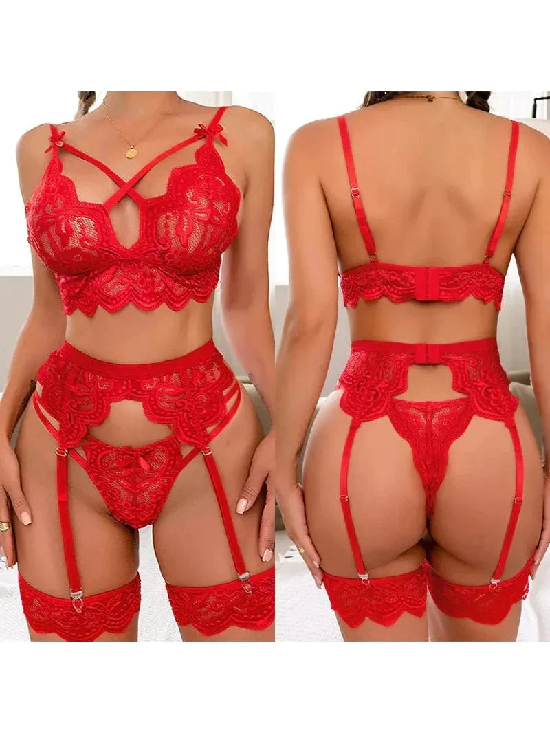 Red Mariana 3-piece French lingerie set by Lumina Vancouver, featuring lace bras and matching panties.