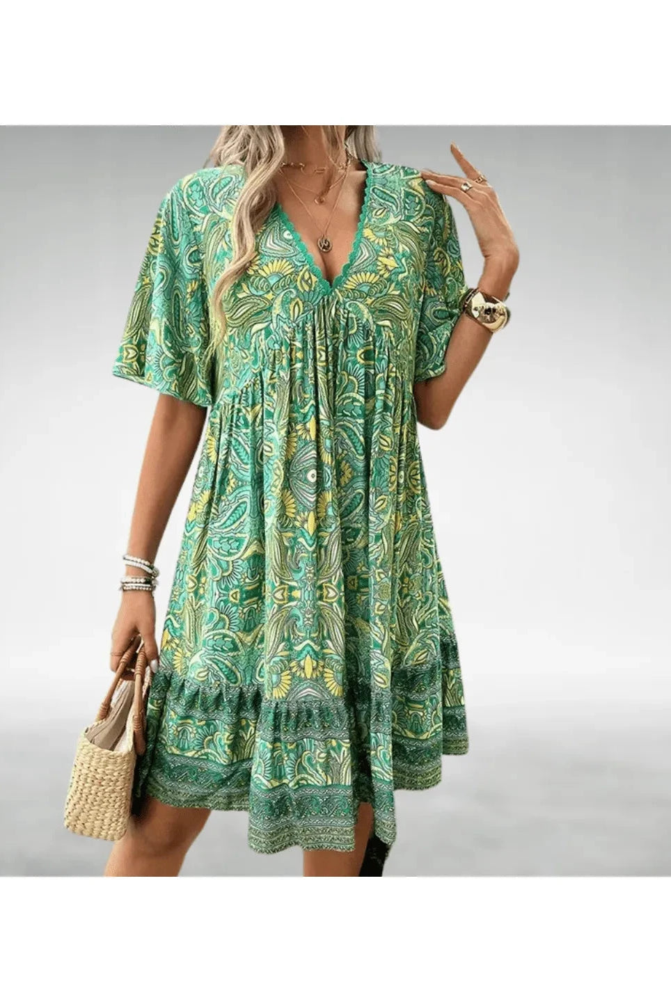 Green Marielle™ Boho Swing Dress by Lumina Wear, flowing style with relaxed fit, perfect for casual and bohemian looks.