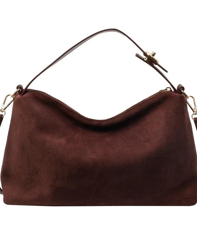 Marielle textured minimalist shoulder handbag with curved shape by Lumina Wear in coffee color, featuring sleek design and rounded edges.
