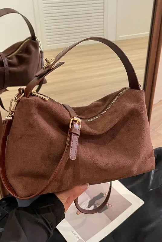 Lumina Wear Marielle textured minimalist shoulder bag with curved shape, coffee color, stylish and compact handbag for everyday use.