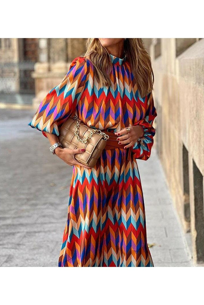 Marisol™ vibrant geometric dress by Lumina Vancouver, featuring bold patterns and a stylish silhouette for a modern look.