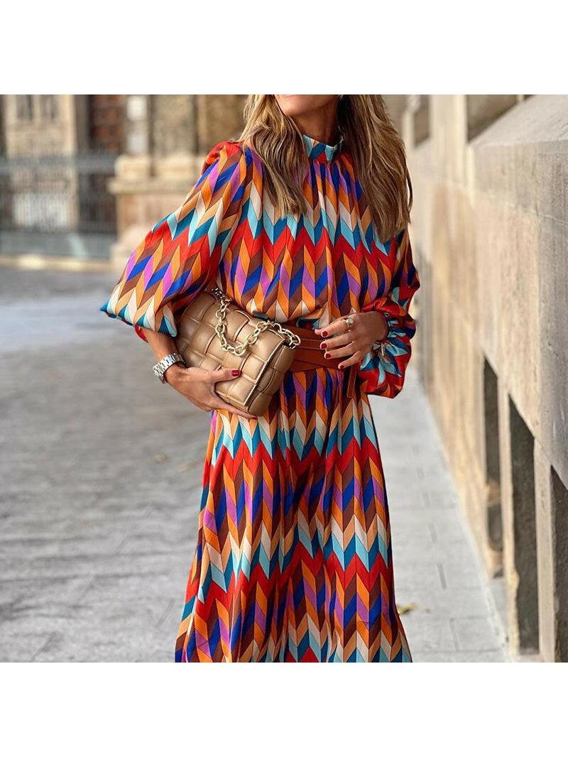 Marisol™ vibrant geometric dress by Lumina Vancouver, featuring bold patterns and a stylish silhouette for a modern look.