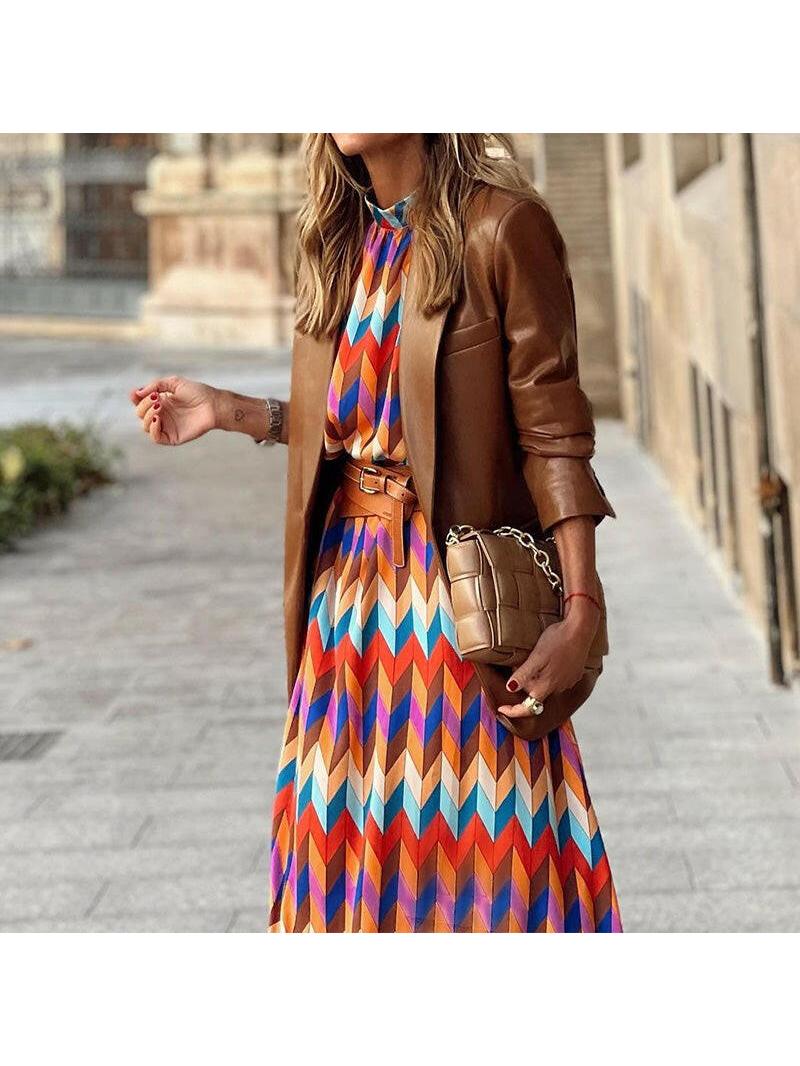 Marisol™ vibrant geometric dress by Lumina Vancouver, featuring bold patterns and a stylish silhouette.
