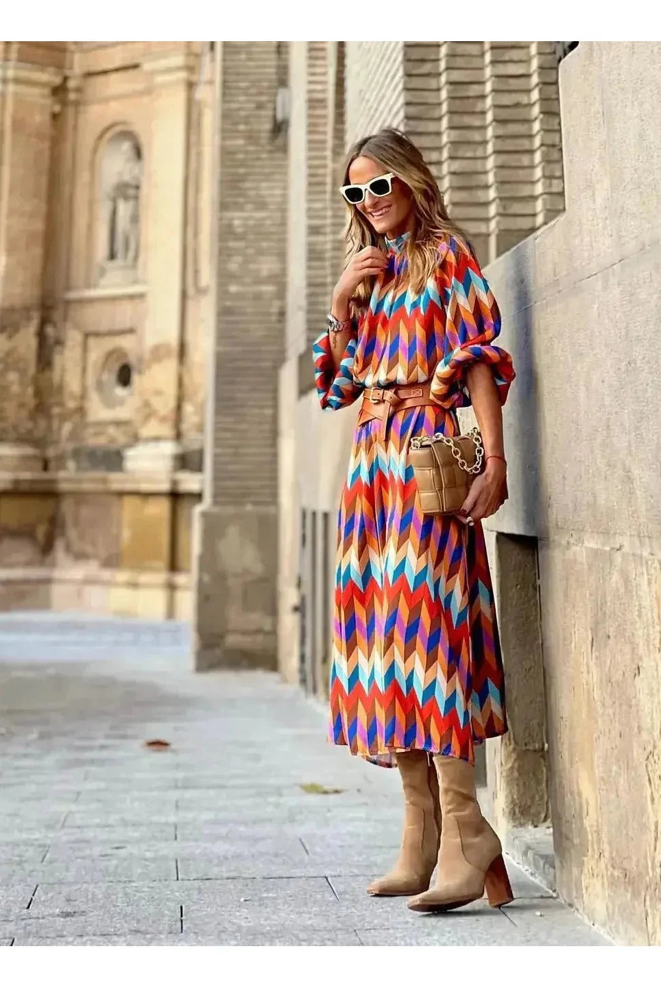 Marisol™ vibrant geometric dress by Lumina Vancouver, featuring bold patterns and a stylish fit.