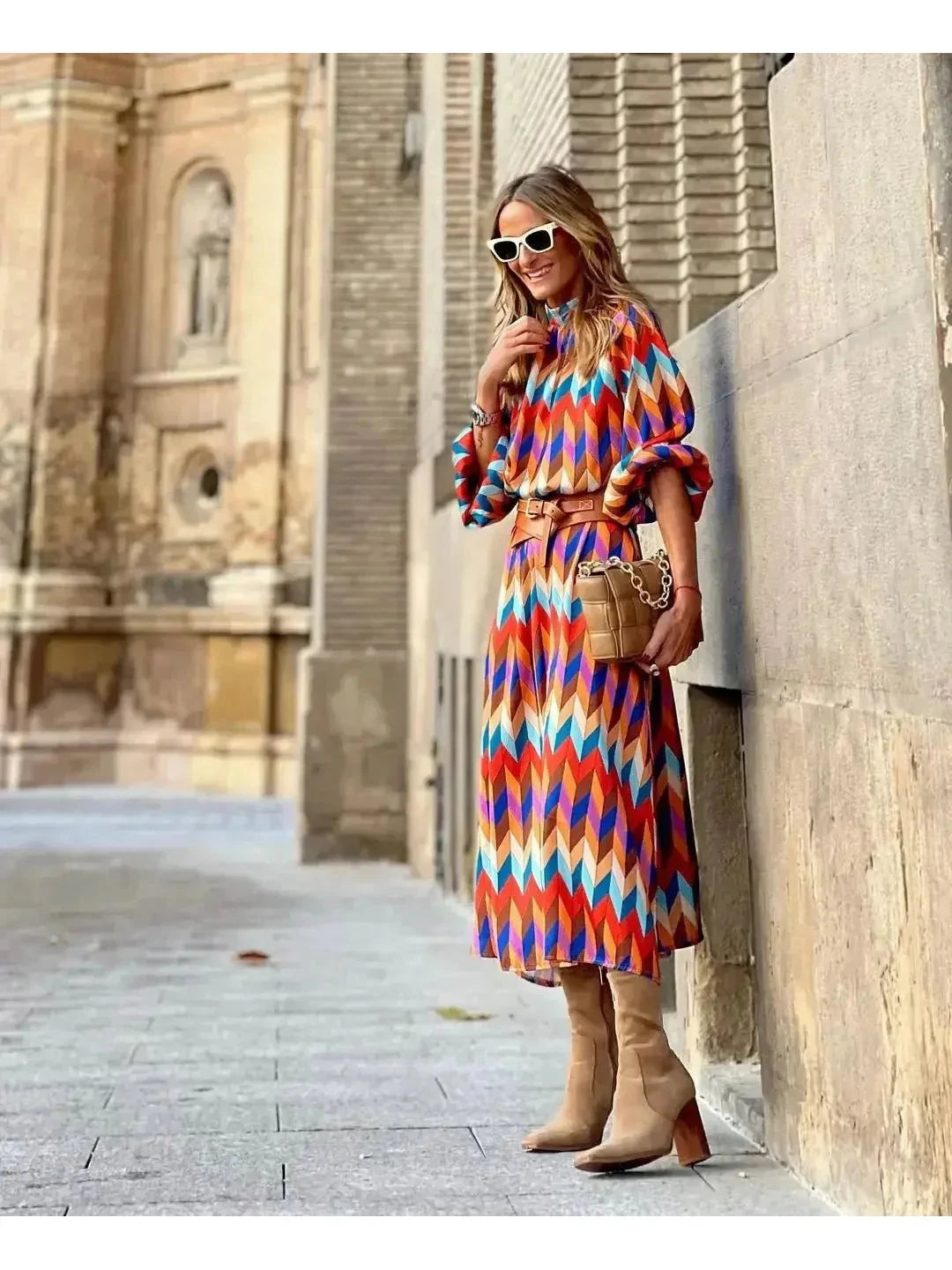 Marisol™ vibrant geometric dress by Lumina Vancouver, featuring bold patterns and a stylish fit.