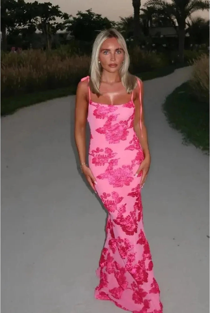 Pink floral knot-strap dress by Lumina Wear, featuring a flattering fit for wedding guests, shown in size XS.