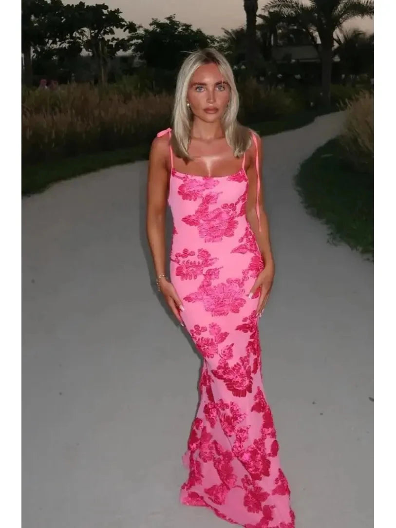 Pink floral knot-strap dress by Lumina Vancouver, perfect for wedding guests, featuring a flattering fit and elegant design.