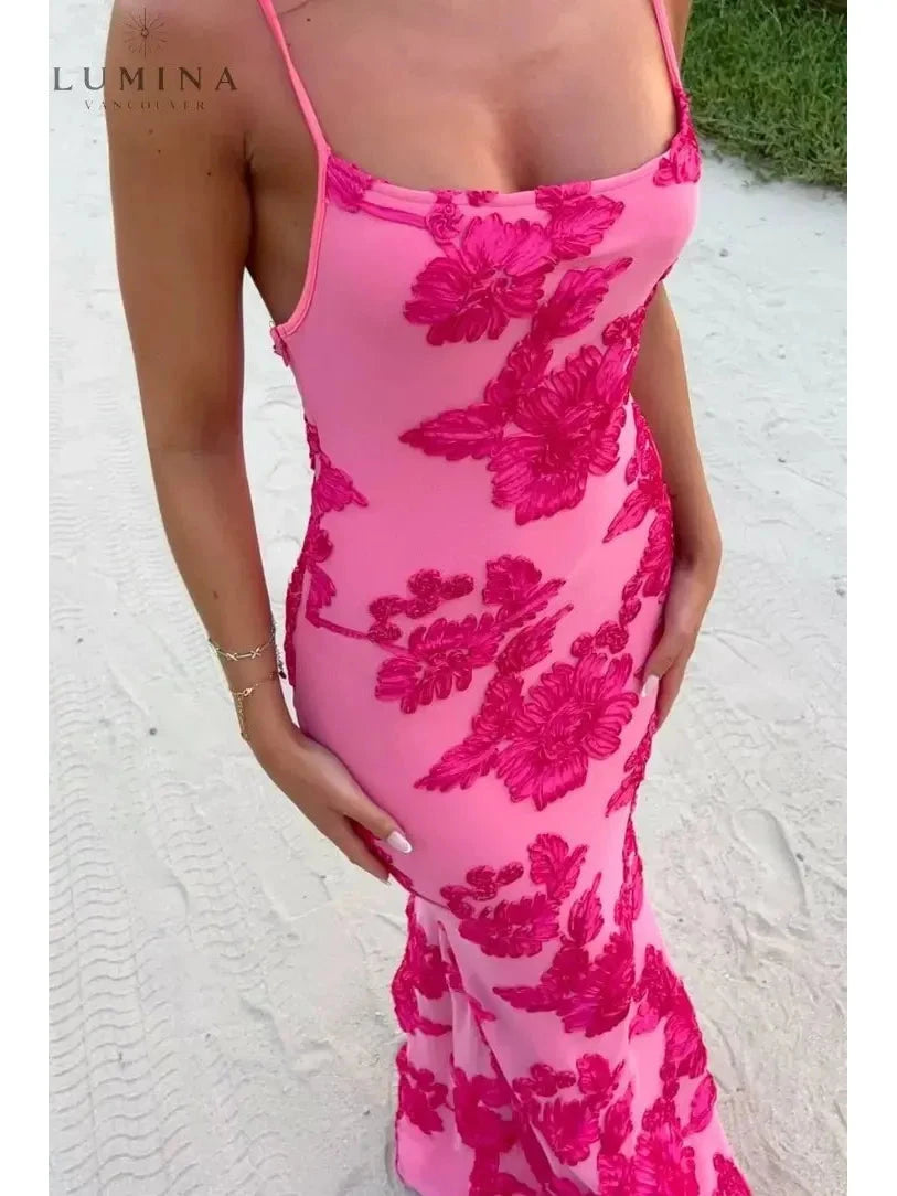 Pink floral knot-strap dress by Lumina Vancouver, perfect for wedding guests, featuring a feminine design and elegant style.