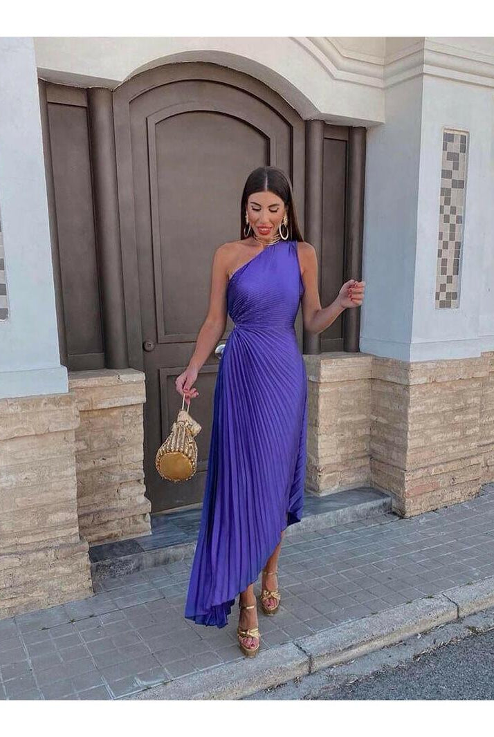 Purple Marjorie Lumina Wear elegant one-shoulder midi dress, showcasing a stylish design and flattering fit for special occasions.