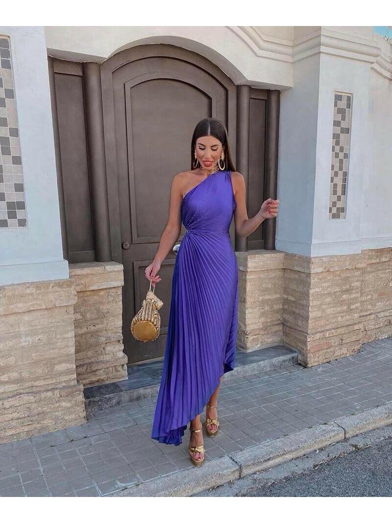 Purple Marjorie Lumina Vancouver elegant one-shoulder midi dress displayed on a mannequin.