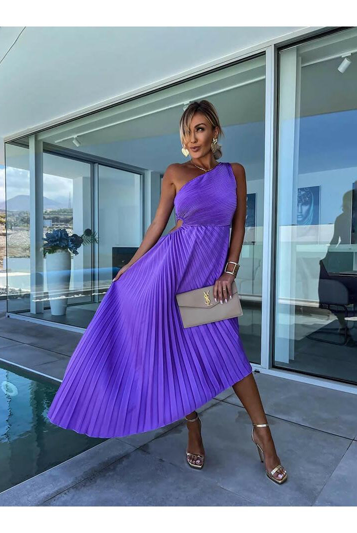 Purple Marjorie Lumina Wear elegant one-shoulder midi dress with fitted silhouette and stylish design, perfect for formal occasions.