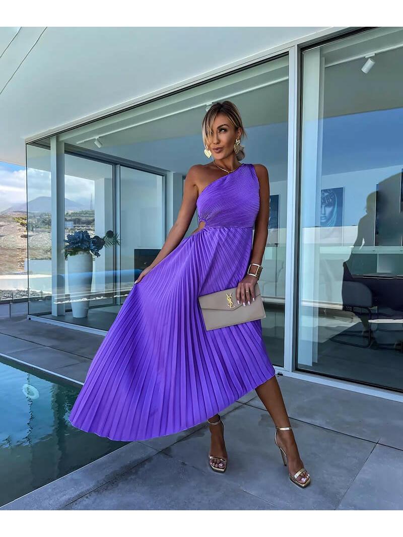 Purple Marjorie Lumina Vancouver elegant one-shoulder midi dress displayed on a mannequin with draped fabric and stylish design.
