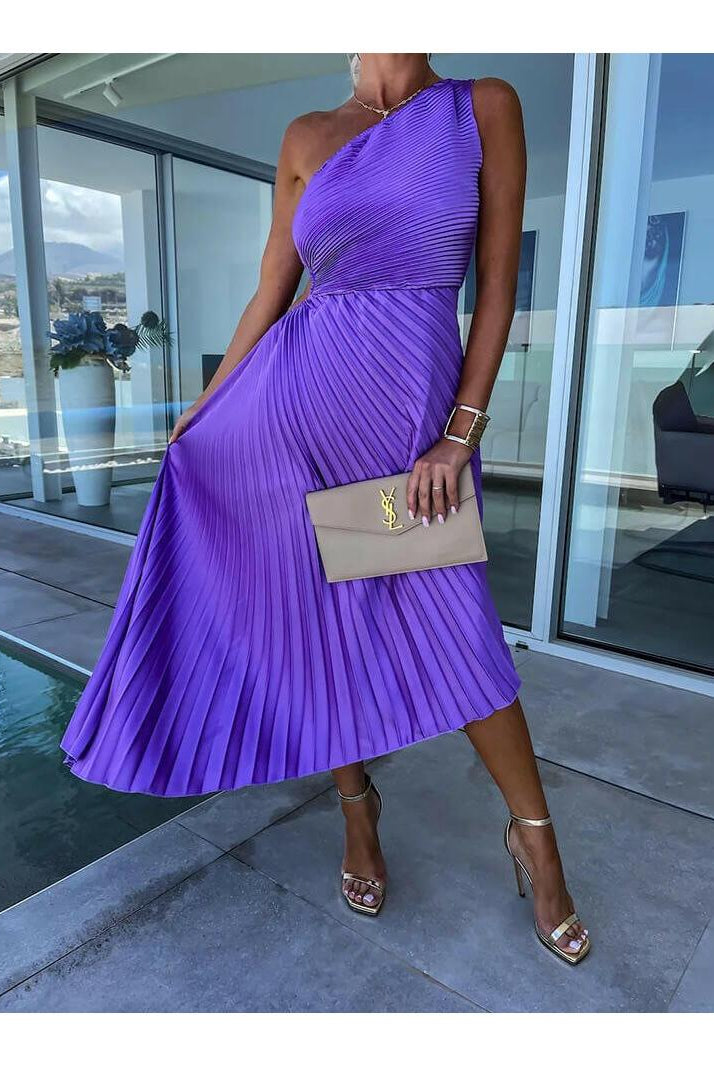 Purple Marjorie elegant one-shoulder midi dress by Lumina Wear, featuring a sleek silhouette and stylish design.