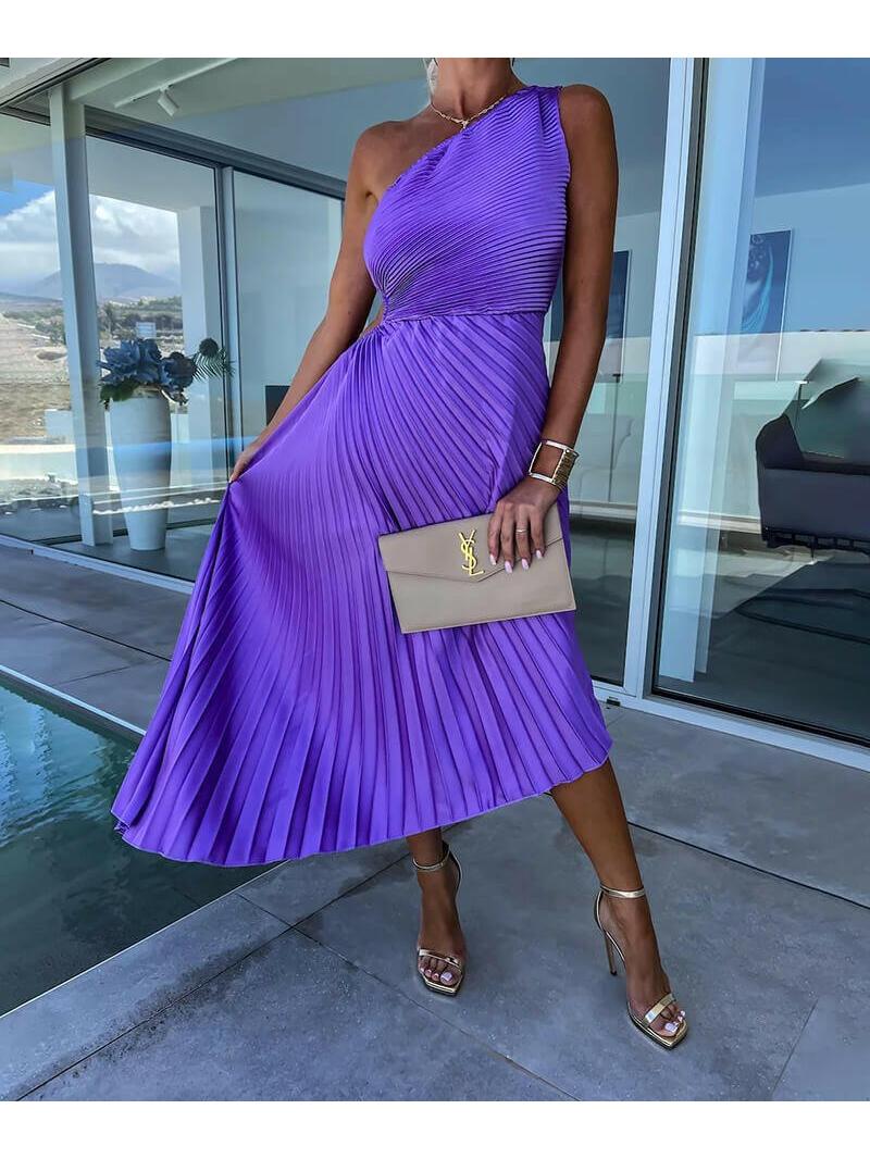 Purple Marjorie Lumina Vancouver elegant one-shoulder midi dress displayed on a hanger with flowing fabric and stylish design.