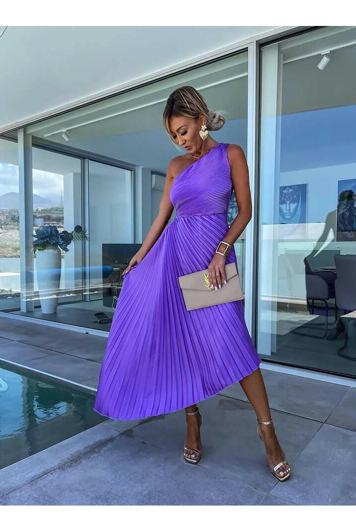 Purple Marjorie elegant one-shoulder midi dress by Lumina Wear, showcasing a stylish cut and sophisticated design.